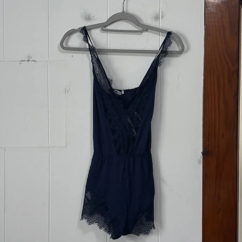 Cosabella Allure Sleep Teddy Navy Blue Lace Romper Bodysuit Small NEW
